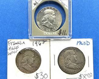 3-Piece Franklin Half Dollar Lot – 1962, 1963-D, 1961 (Holdered) – Circulated