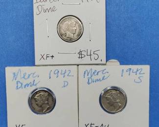 1914 Barber Dime XF, 1942-S Mercury Dime XF & 1942-D Mercury Dime