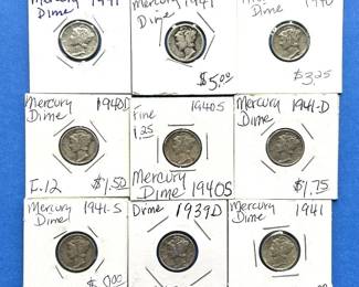 9-Piece Mercury Dime Lot – 1939 to 1945 – Includes MS-65 & 1941-S
