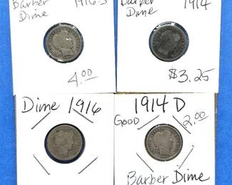 4-Piece Barber Dime Lot – 1914 to 1916-S