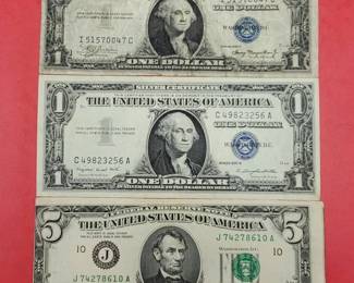 2 Silver Certificates & Misprinted 5 Dollar Note