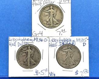 3-Piece Walking Liberty Half Dollar Lot – 1934, 1935-D, 1936-D – to VG Grades
