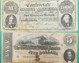 2 Confederate Notes--Five & 1000