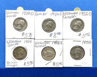 6-Piece Washington Silver Quarter Lot – 1951-S, 1952-D, 1952-S, 1954, 1954-D, 1954-S – Mixed Grades