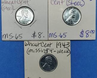 (3) 1943 Steel Lincoln Cents in Mint State--One has a weak '4'