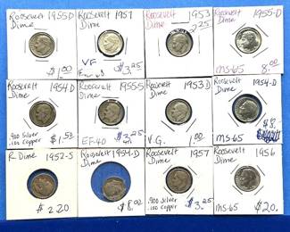 12-Piece Roosevelt Dime Lot – 1952-S to 1957 – MS-65, VF, EF, and Circulated