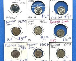 9-Piece Roosevelt Dime Lot – 1957 to 1960 – MS-65, PF-65, AU, Circulated