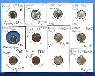 12-Piece Roosevelt Dime Lot – Proofs, BU & Circulated – 1957 to 1974