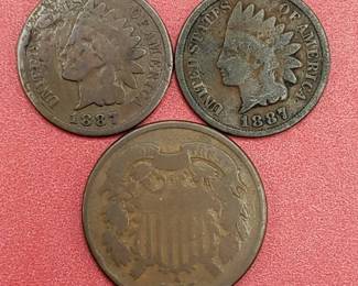 1865 2-Cent Piece & 2 1887 Indianhead Cents