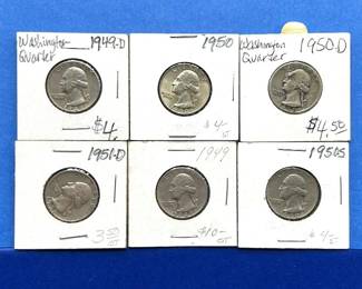 6-Piece Washington Silver Quarter Lot – 1949, 1949-D, 1950, 1950-D, 1950-S, 1951-D – Mixed Grades