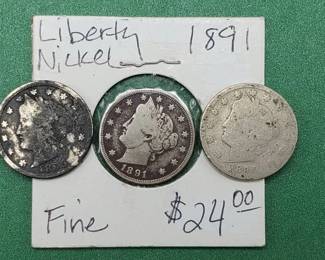 1891 Liberty V-Nickel in Fine, plus 1895 & 1894 Liberty V-Nickels