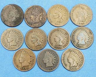 11 Indianhead Cents-1880, 1881, 1882, 1883, 1884, 1885, 1886, 1887, 1892, 1893, 1894