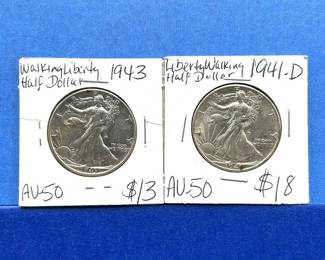 2-Piece Walking Liberty Half Dollar Lot – 1941-D, 1943 – AU50