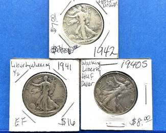 3-Piece Walking Liberty Half Dollar Lot – 1940-S, 1941, 1942 – Circulated