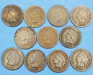 11 Indianhead Cents-1880, 1881, 1882, 1883, 1884, 1885, 1886, 1887, 1892, 1893, 1894