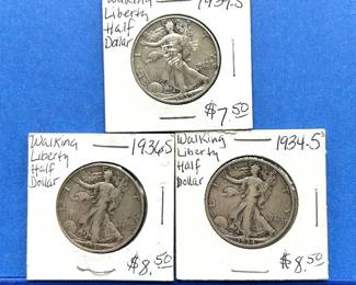 3-Piece Walking Liberty Half Dollar Lot – 1934-S, 1936-S, 1939-S – Circulated