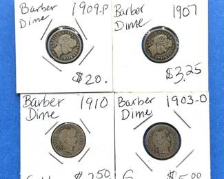 4-Piece Barber Dime Lot – 1903 to 1910 – Mixed Mintmarks & Circulated Grades