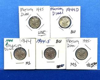 5-Piece Mercury Dime Lot – BU/MS Examples – 1944–1945