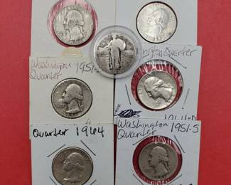 7 90% Silver Quarters--6 Washington & 1 Standing Liberty