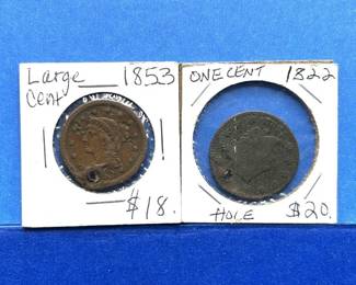 2-Piece Large Cent Lot – 1822 & 1853 with Holed Examples