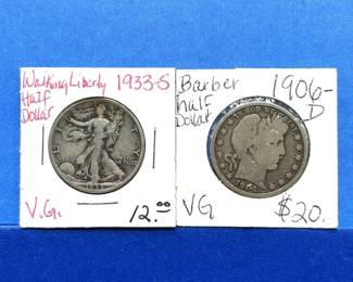 2-Piece Half Dollar Lot – 1906-D Barber (VG), 1933-S Walking Liberty (VG)