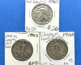 3-Piece Walking Liberty Half Dollar Lot – 1945-D, 1946-D, 1946-S – VF to AU50