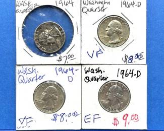 4-Piece Washington Silver Quarter Lot – 1964, 1964-D (3x) – VF to EF Grades