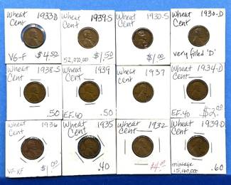 12-Piece Lincoln Wheat Cent Lot – 1930s to Early 1940s – Key Dates & Better Grades