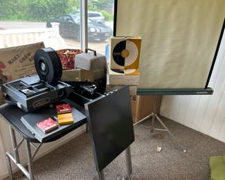 1970’s Home Entertainment Center w Slide Projector, 8 MM Projector, Projection Table, Screen, lights and Movies