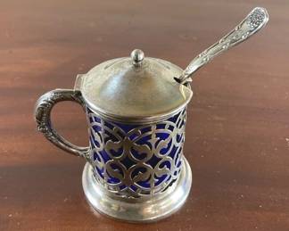 Sterling Silver and Blue Glass Condiment Pot with Spoon