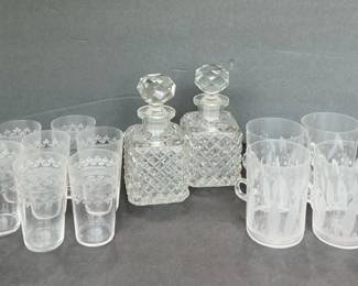 2 Crystal Whiskey Decanters With Stoppers, 7 Vintage Fostoria Tumblers, 4 Hand Blown Mugs