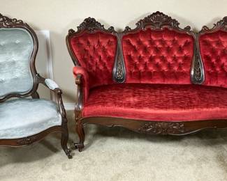 Victorian Walnut Button Back Serpentine Sofa and Arm Chair, Ca 1890