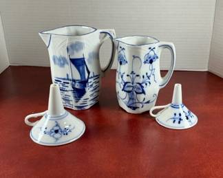 Two Delft Blue And White Pitchers And 2 Blue And White Funnels
