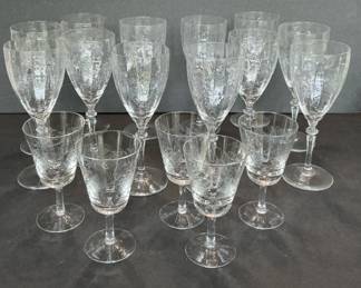 11 Vintage Etched Wine Glasses, 5 Vintage Etched Cordial Glass