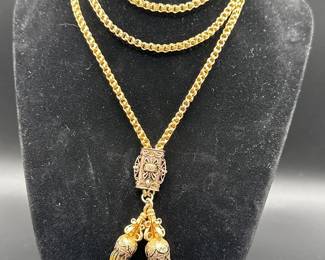 18k Hand Crafted Victorian Slide Necklace with Double Foxtail Chain Tassels