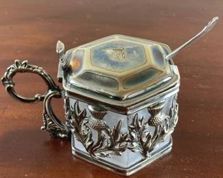 Sterling Silver and frosted Glass Mustard Pot with spoon