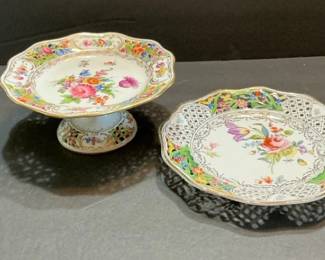 Vintage Floral Motif Plate & Pedestal Compote From Dresden Germany
