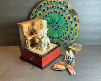Antique Music Box, Peacock Fan And Miniature Dolls
