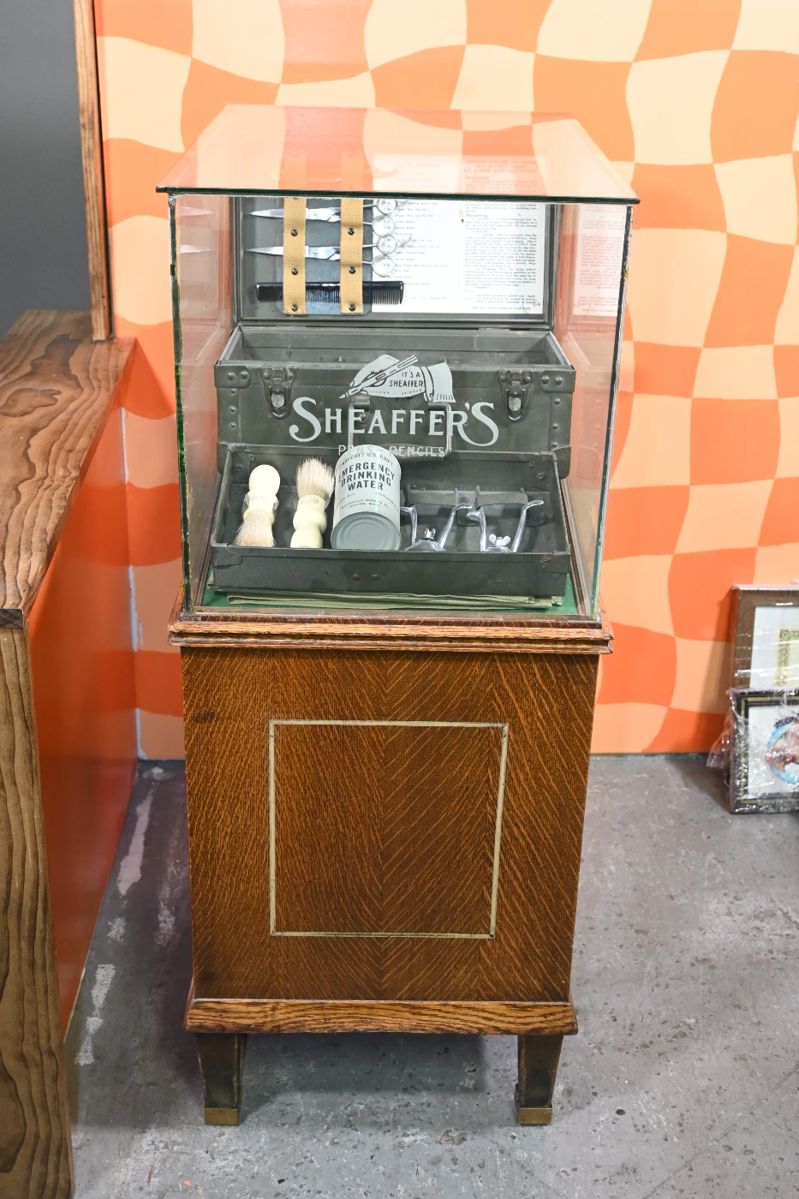 Sheaffer's Pens Pencils Oak Display Case. Height 42", width 17.25", depth 23.75".