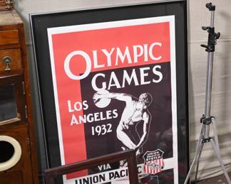 igh-quality framed reproduction of the iconic 1932 Union Pacific promo poster featuring a discus thrower. Bold red, black, and white color scheme.