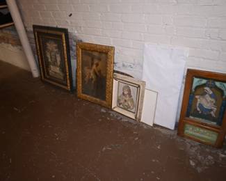 Selection of religious artwork, including a mix of Catholic devotional prints, memorial pieces, and chromolithographs, mostly from the late 19th century to the mid-20th century.