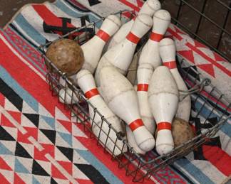 Vintage Wire Basket with Wood Bowling Pins