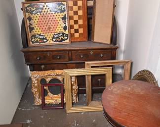 Antique Walnut Sideboard, Vintage Wooden Game Boards – Chinese Checkers & Chess/Checkers, Assorted Frames, Round Pedestal Table