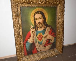 Sacred Heart of Jesus Chromolithograph in Gesso Frame, c. 1920s-1940s