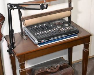 Midcentury Folding Drafting Desk, Vintage Brown Leather Traveler’s Bag, Tascam Digital Portastudio Multi-track Recorder & Articulating Boom Arm
