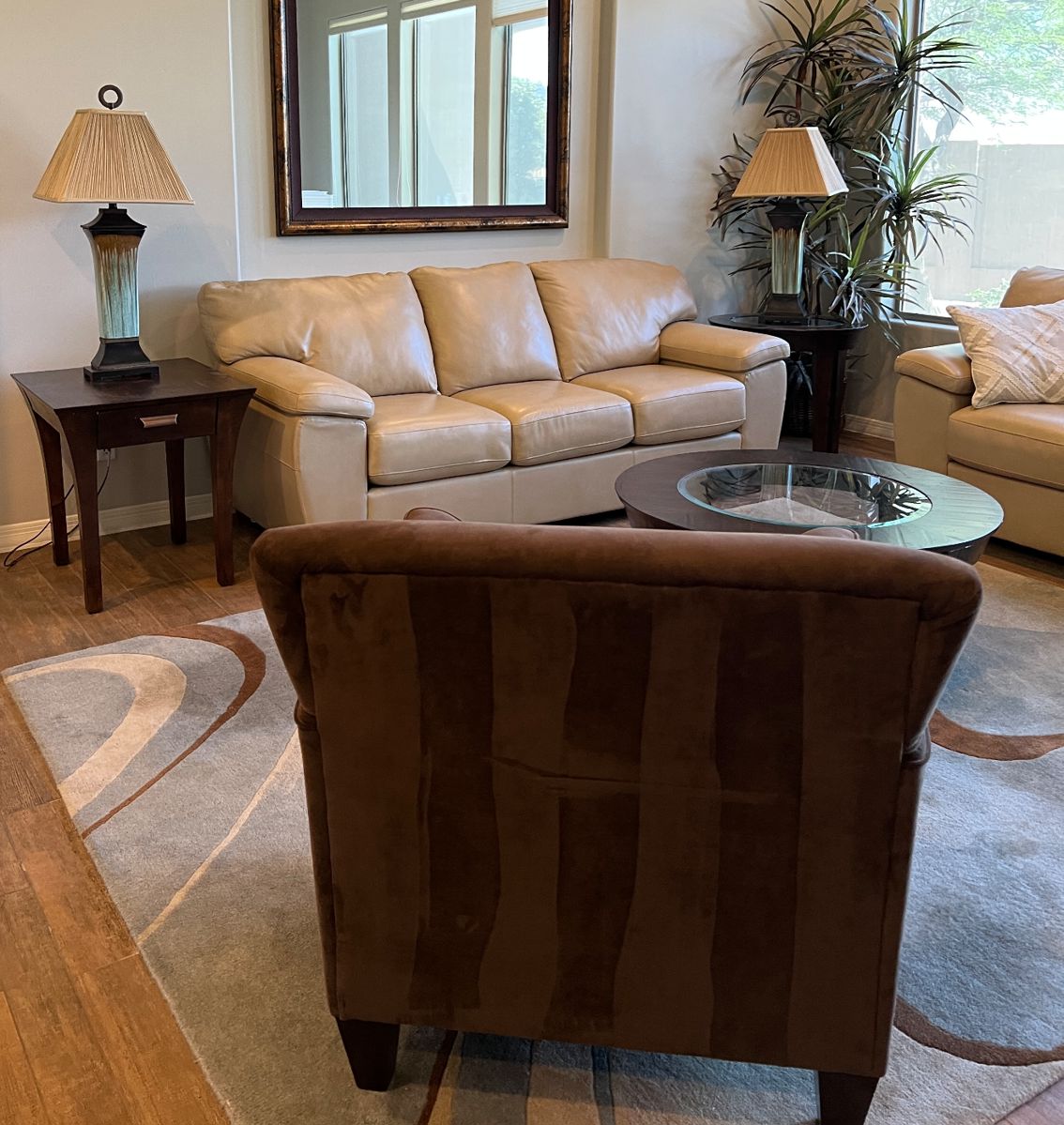 La-Z-Boy Leather Sofa and Loveseat, Kincaid End Tables and Coffee Table, Table Lamps, La-Z-Boy Upholstered Chair, Area Rug (MIRROR NOT FOR SALE)