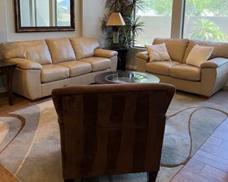 La-Z-Boy Leather Sofa and Loveseat, Kincaid End Tables and Coffee Table, Table Lamps, La-Z-Boy Upholstered Chair, Area Rug (MIRROR NOT FOR SALE)