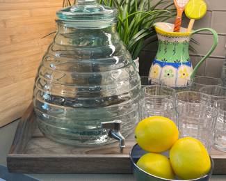 Bee Hive Beverage Decanter, GLassware, Serving Tray, Pitcher, Faux Lemons