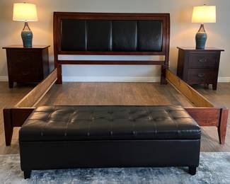 Kincaid Bedroom Suite: King Upholstered Sleigh Bed, Dresser and 2 Nightstands, Tufted Storage Bench, Area Rug, Ashley Niobe Ceramic Table Lamp pair
