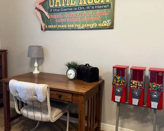 Mission Style Desk, Chair, Accent Lamp, Decor, Eagle Triple Head Candy/Gumball Vending Machine , CO-ED Game Room Sign